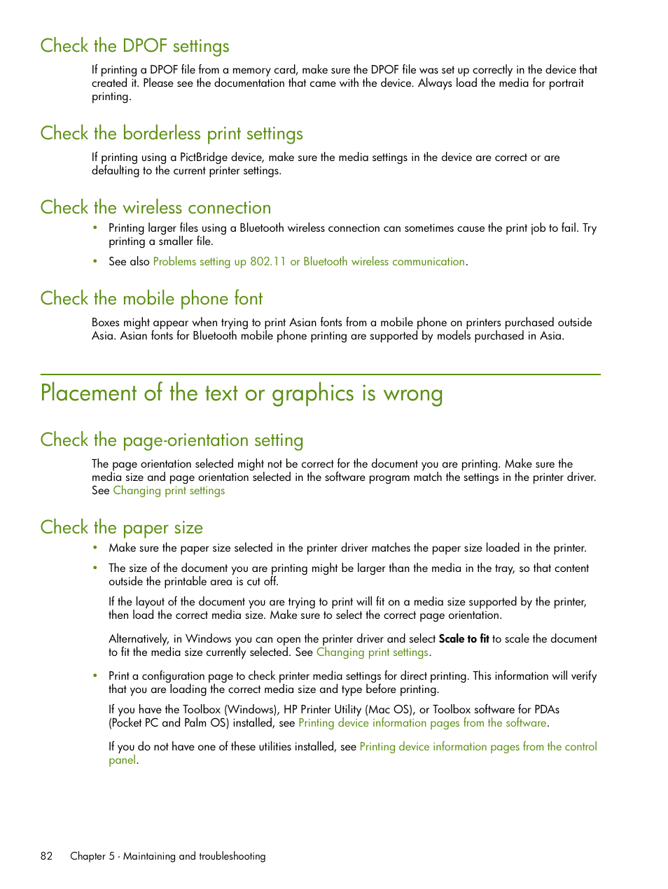 Placement of the text or graphics is wrong, Check the dpof settings, Check the borderless print settings | Check the wireless connection, Check the mobile phone font, Check the page-orientation setting, Check the paper size | HP Deskjet 460cb Mobile Printer User Manual | Page 82 / 132