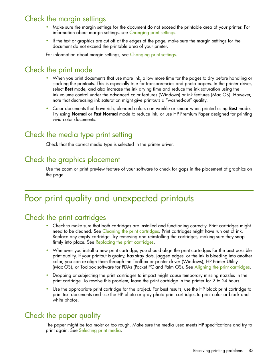 Poor print quality and unexpected printouts, Check the margin settings, Check the print mode | Check the media type print setting, Check the graphics placement, Check the print cartridges, Check the paper quality | HP Deskjet 460cb Mobile Printer User Manual | Page 83 / 132