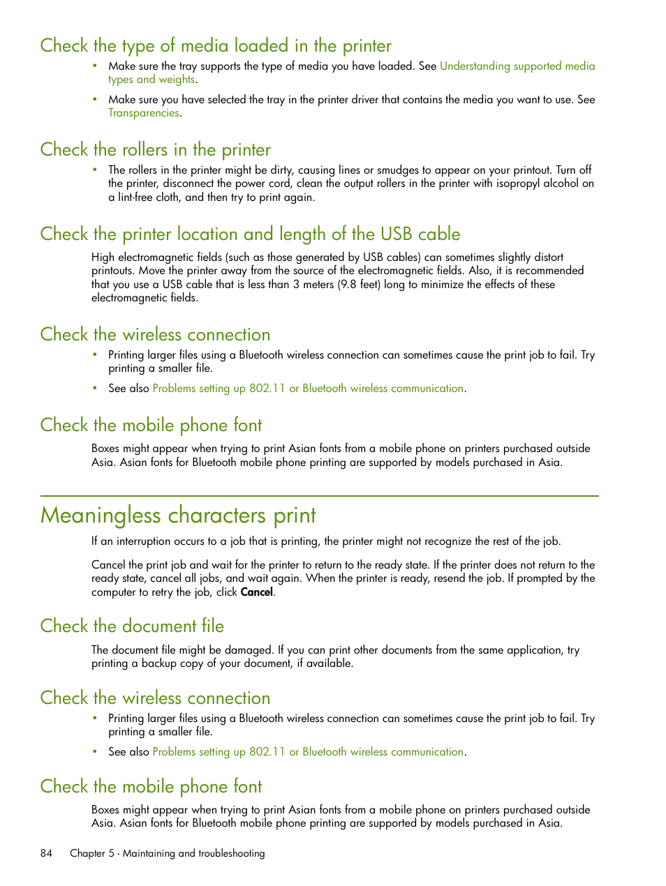 Meaningless characters print, Check the type of media loaded in the printer, Check the rollers in the printer | Check the wireless connection, Check the mobile phone font, Check the document file | HP Deskjet 460cb Mobile Printer User Manual | Page 84 / 132