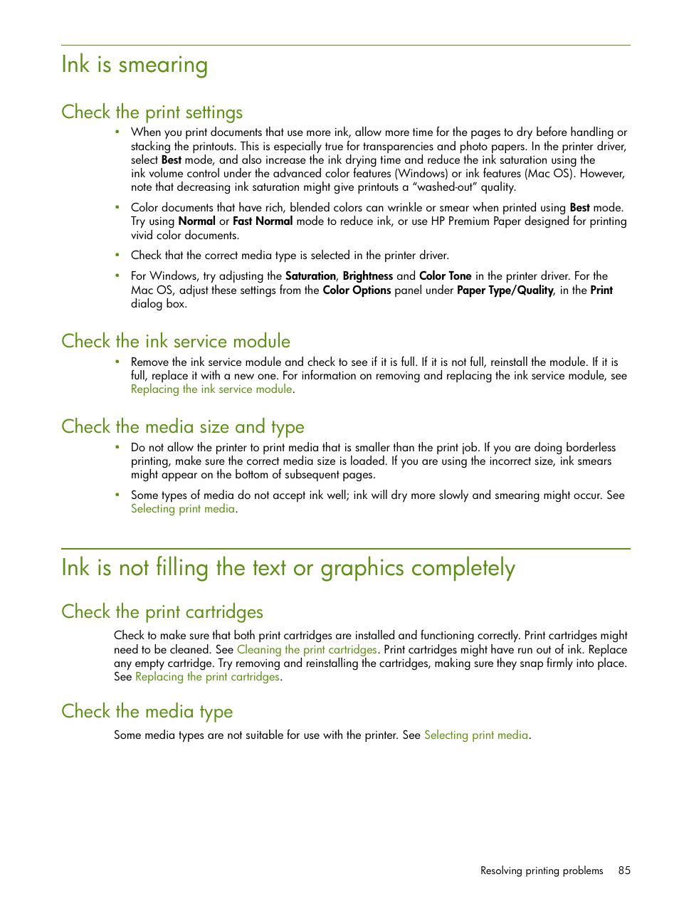 Ink is smearing, Ink is not filling the text or graphics completely, Check the print settings | Check the ink service module, Check the media size and type, Check the print cartridges, Check the media type | HP Deskjet 460cb Mobile Printer User Manual | Page 85 / 132