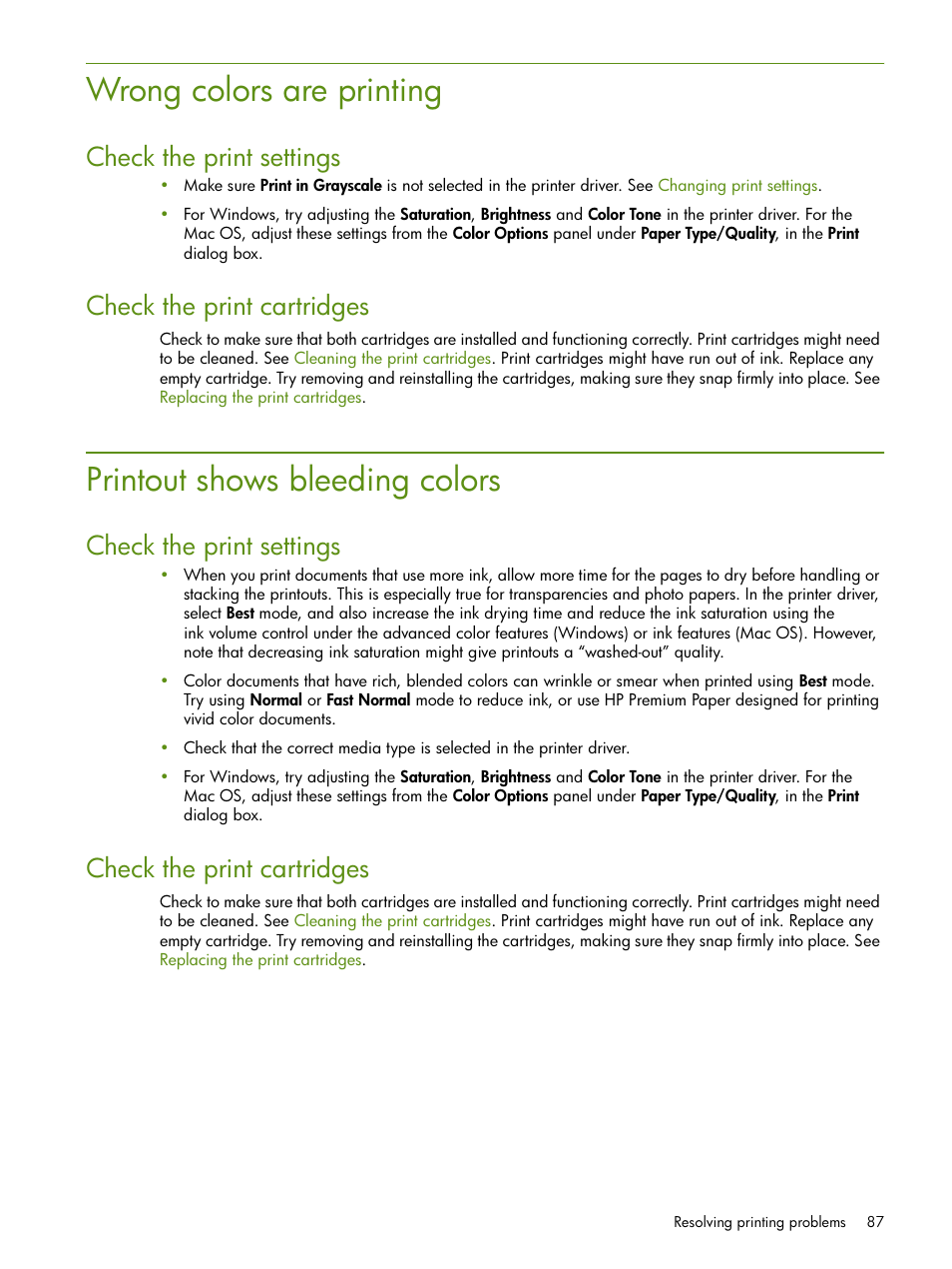 Wrong colors are printing, Printout shows bleeding colors, Check the print settings | Check the print cartridges | HP Deskjet 460cb Mobile Printer User Manual | Page 87 / 132