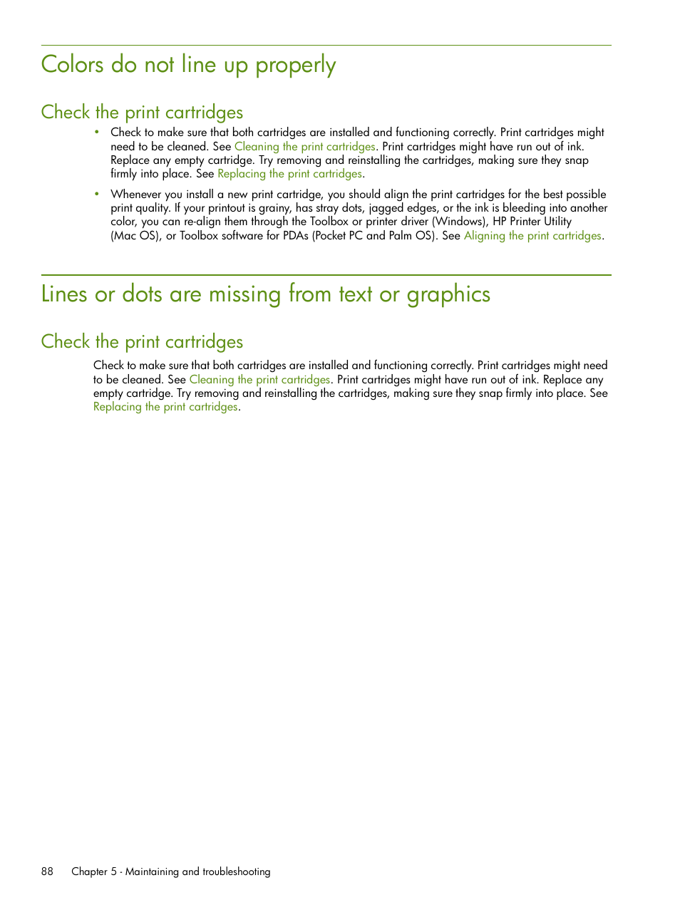Colors do not line up properly, Lines or dots are missing from text or graphics, Check the print cartridges | HP Deskjet 460cb Mobile Printer User Manual | Page 88 / 132