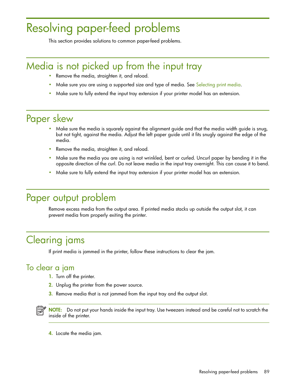 Resolving paper-feed problems, Media is not picked up from the input tray, Paper skew | Paper output problem, Clearing jams | HP Deskjet 460cb Mobile Printer User Manual | Page 89 / 132