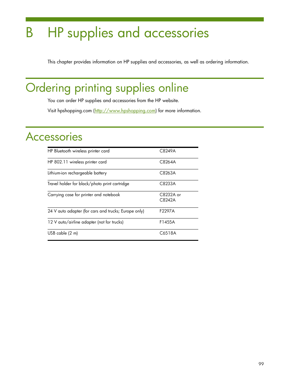 Hp supplies and accessories, Ordering printing supplies online, Accessories | B hp supplies and accessories, Ordering printing supplies online accessories, Hp supplies and | HP Deskjet 460cb Mobile Printer User Manual | Page 99 / 132