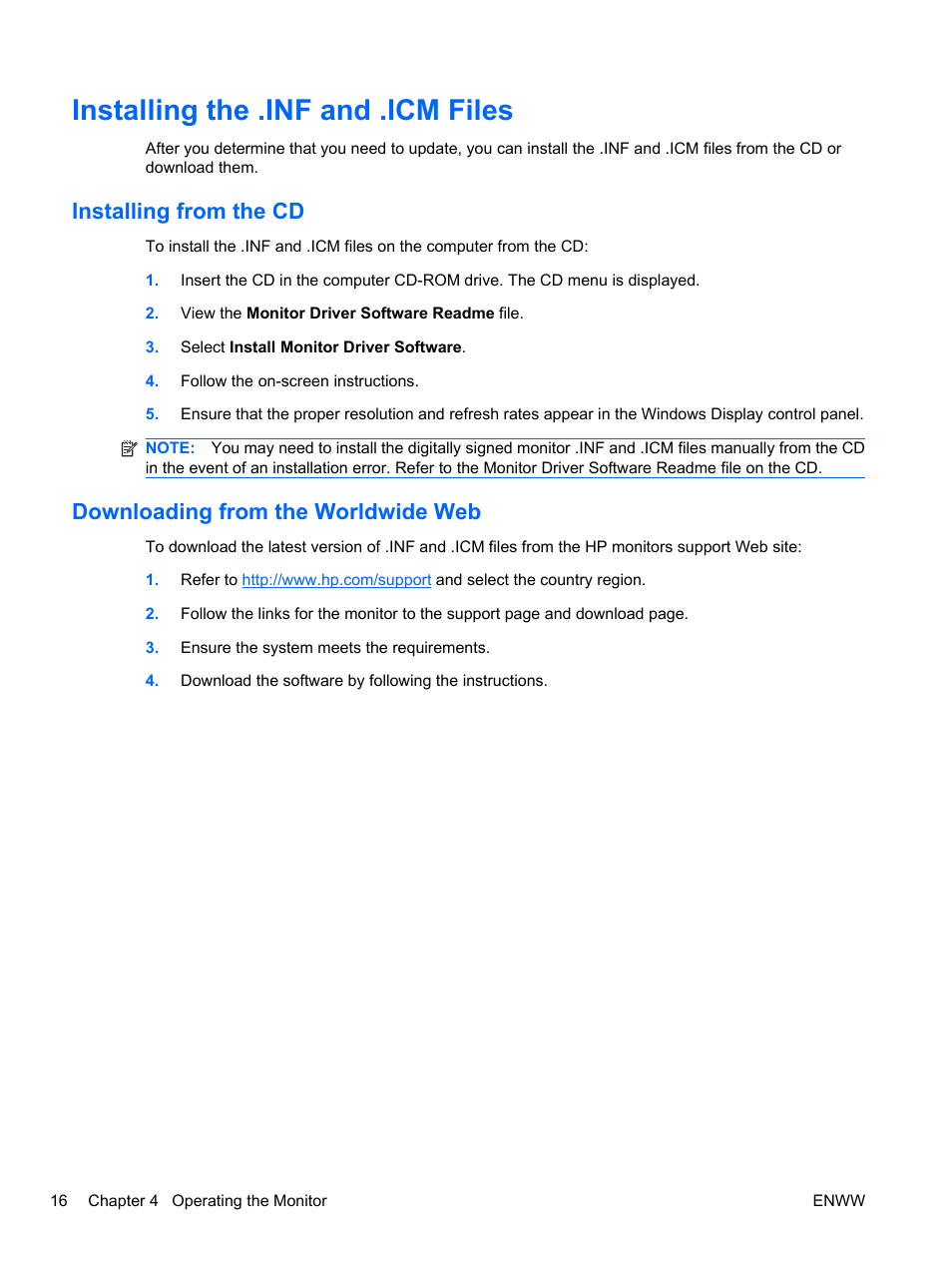Installing the .inf and .icm files, Installing from the cd, Downloading from the worldwide web | HP ZR30w 30-inch S-IPS LCD Monitor User Manual | Page 22 / 34