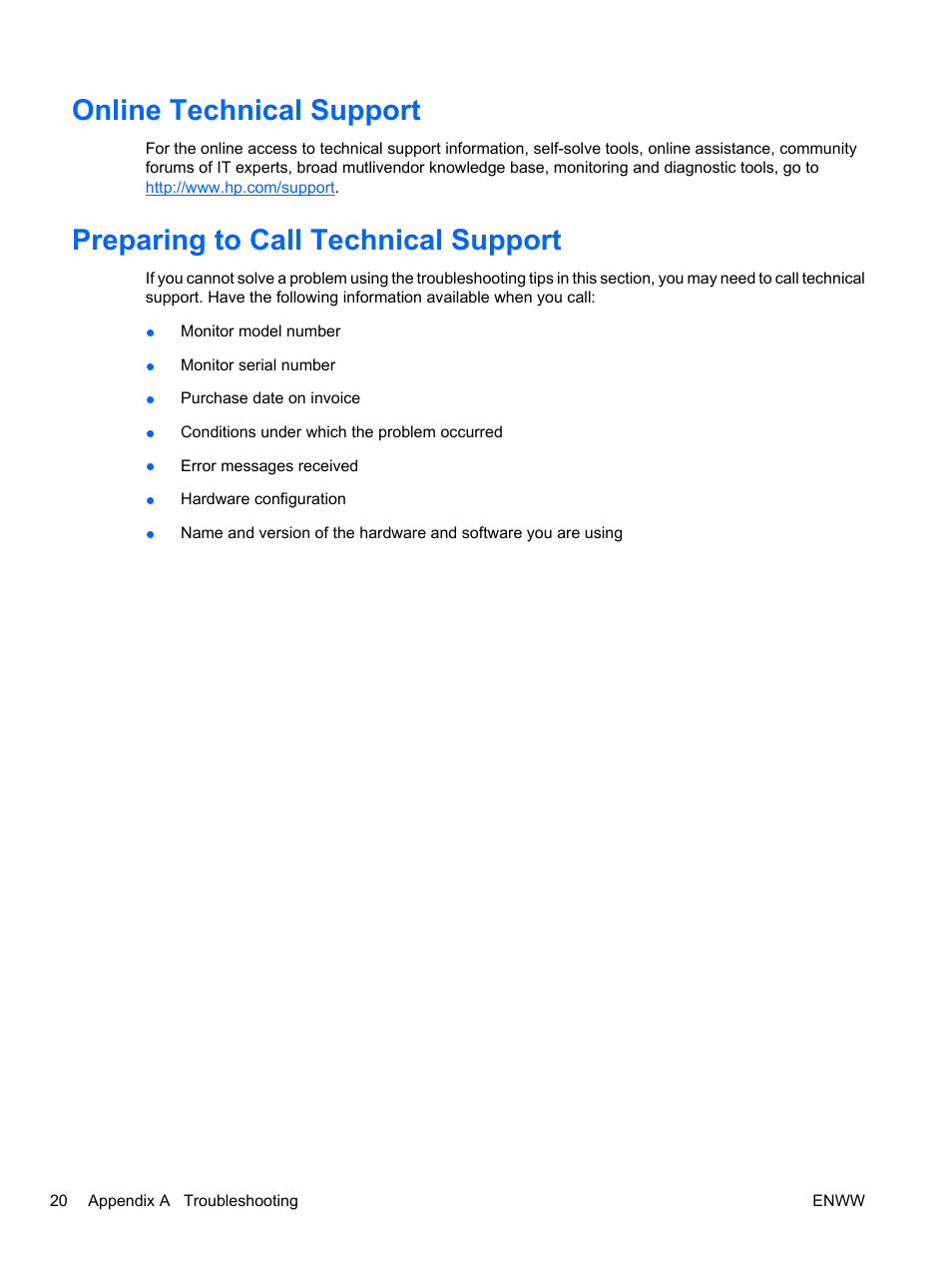 Online technical support, Preparing to call technical support | HP ZR30w 30-inch S-IPS LCD Monitor User Manual | Page 26 / 34