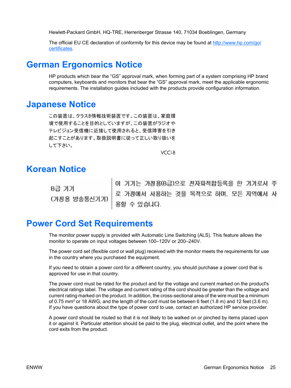 German ergonomics notice, Japanese notice, Korean notice | Power cord set requirements | HP ZR30w 30-inch S-IPS LCD Monitor User Manual | Page 31 / 34