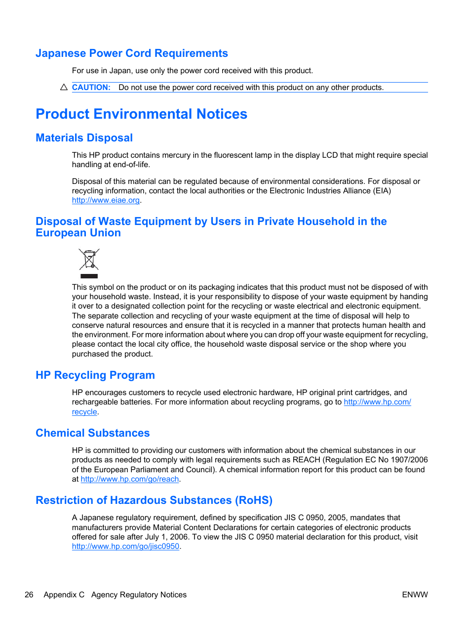 Japanese power cord requirements, Product environmental notices, Materials disposal | Hp recycling program, Chemical substances, Restriction of hazardous substances (rohs) | HP ZR30w 30-inch S-IPS LCD Monitor User Manual | Page 32 / 34