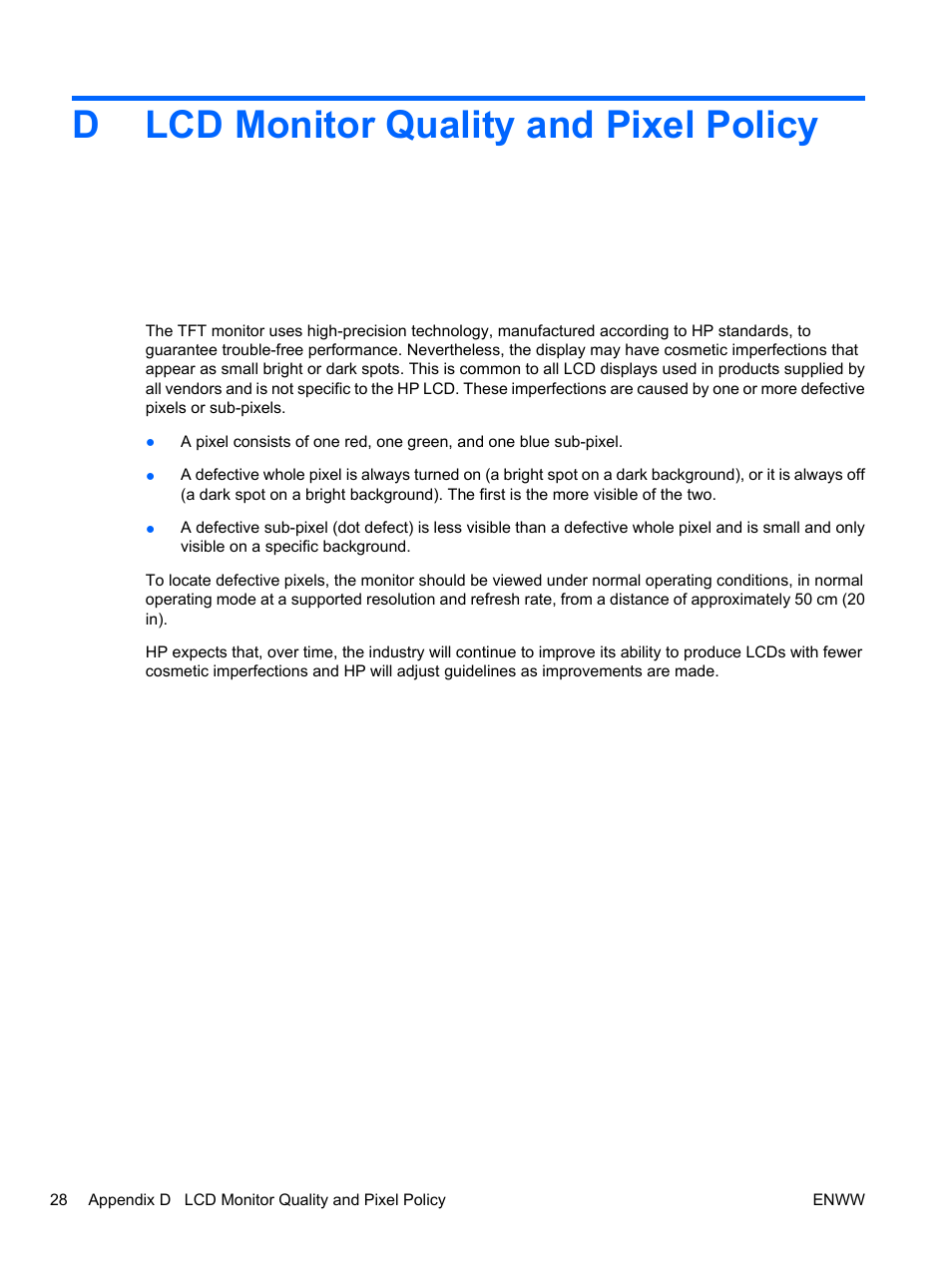 Lcd monitor quality and pixel policy, Appendix d lcd monitor quality and pixel policy, Dlcd monitor quality and pixel policy | HP ZR30w 30-inch S-IPS LCD Monitor User Manual | Page 34 / 34