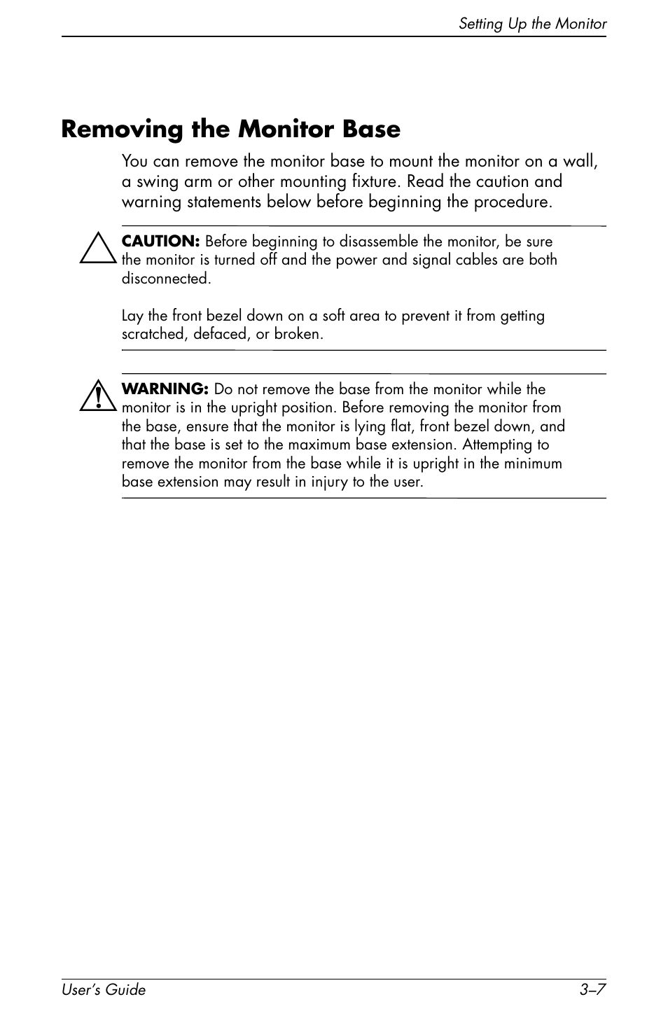 Removing the monitor base, Removing the monitor base –7 | HP Pavilion f1904 19 inch LCD Monitor User Manual | Page 17 / 46