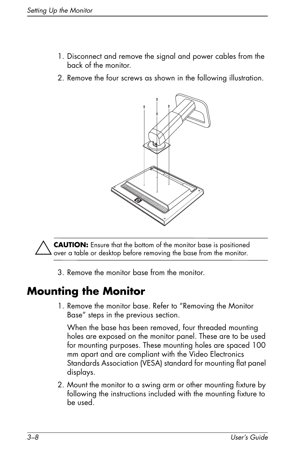 Mounting the monitor, Mounting the monitor –8 | HP Pavilion f1904 19 inch LCD Monitor User Manual | Page 18 / 46