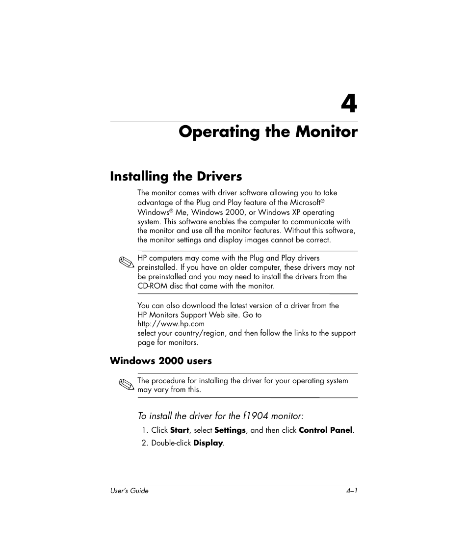 Operating the monitor, Installing the drivers, 4 operating the monitor | Installing the drivers –1 | HP Pavilion f1904 19 inch LCD Monitor User Manual | Page 19 / 46