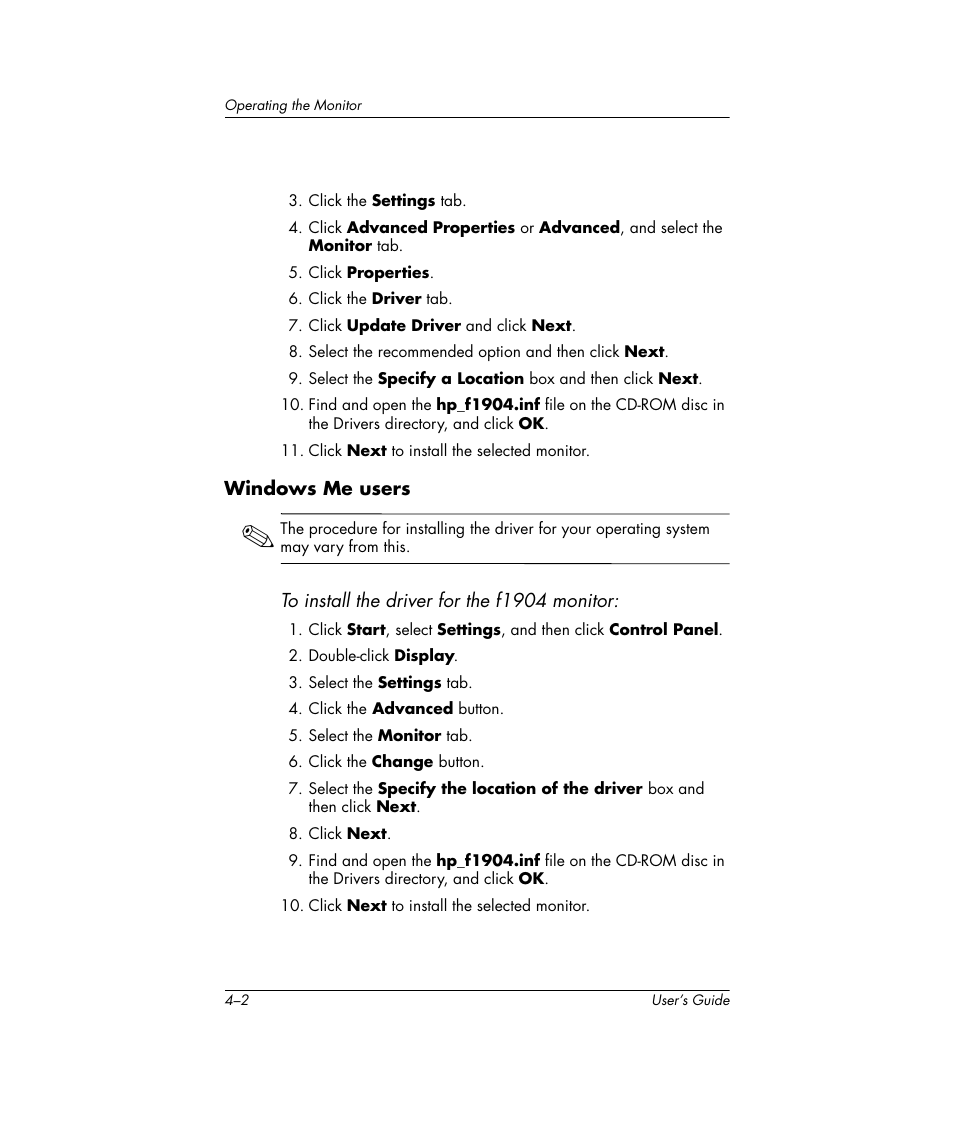Windows me users | HP Pavilion f1904 19 inch LCD Monitor User Manual | Page 20 / 46