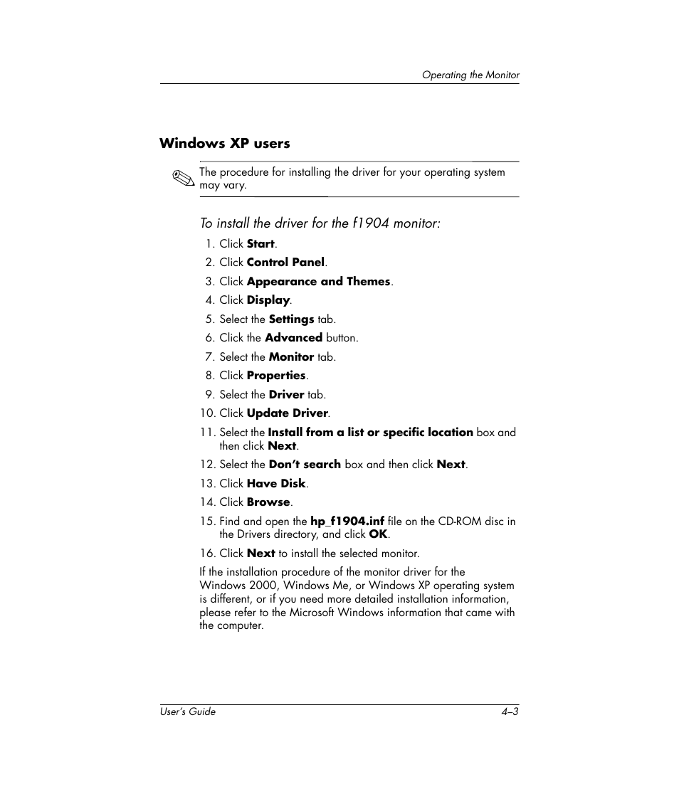 Windows xp users | HP Pavilion f1904 19 inch LCD Monitor User Manual | Page 21 / 46