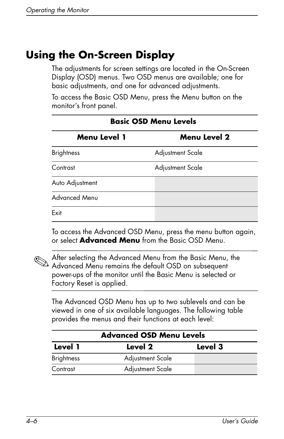 Using the on-screen display, Using the on-screen display –6 | HP Pavilion f1904 19 inch LCD Monitor User Manual | Page 24 / 46