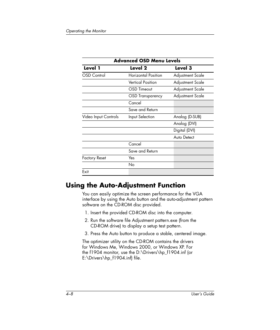 Using the auto-adjustment function, Using the auto-adjustment function –8 | HP Pavilion f1904 19 inch LCD Monitor User Manual | Page 26 / 46