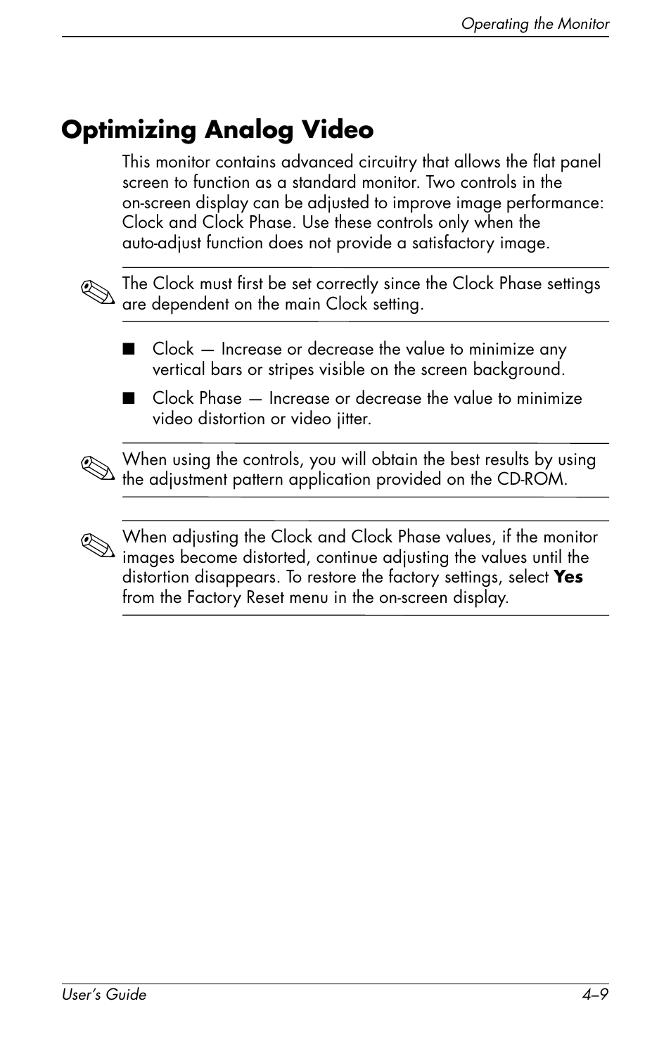 Optimizing analog video, Optimizing analog video –9 | HP Pavilion f1904 19 inch LCD Monitor User Manual | Page 27 / 46
