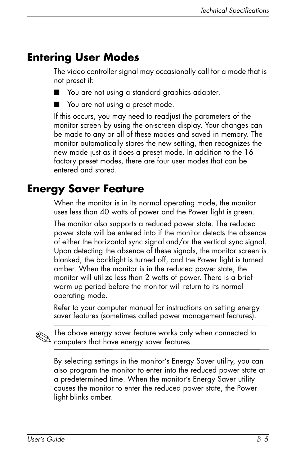 Entering user modes, Energy saver feature, Federal communications commission notice | Modifications | HP Pavilion f1904 19 inch LCD Monitor User Manual | Page 37 / 46