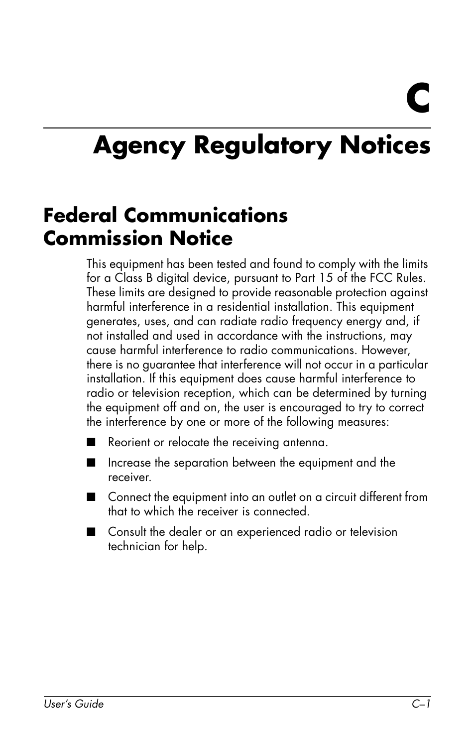 Agency regulatory notices, Federal communications commission notice, Canadian notice | HP Pavilion f1904 19 inch LCD Monitor User Manual | Page 39 / 46
