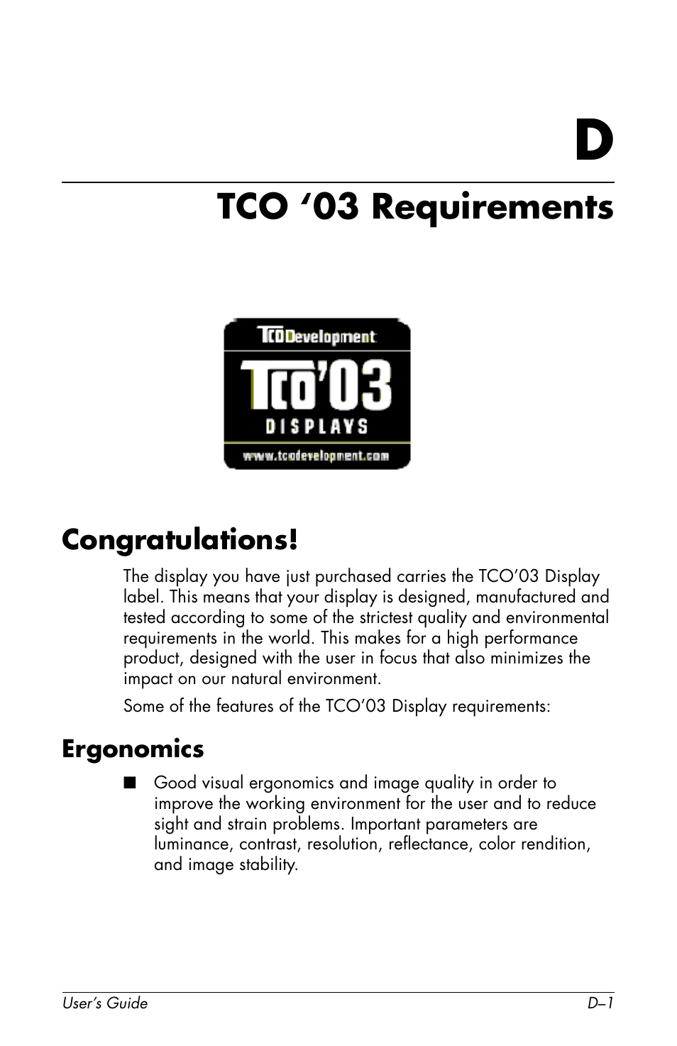 Tco ‘03 requirements, Congratulations, Ergonomics | Emissions, Ecology | HP Pavilion f1904 19 inch LCD Monitor User Manual | Page 45 / 46