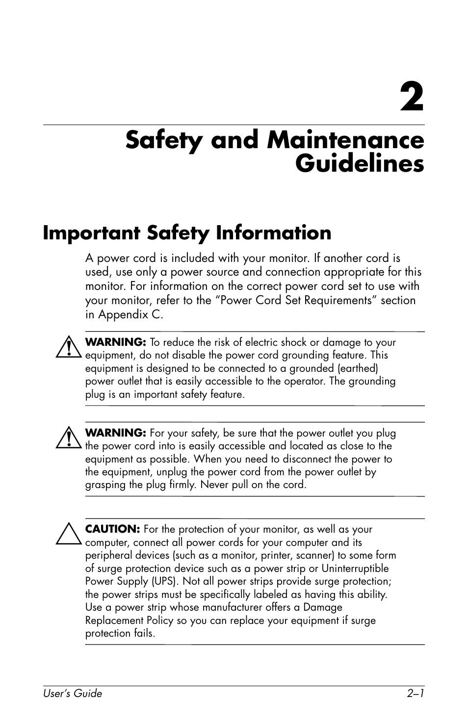 Safety and maintenance guidelines, Important safety information, 2 safety and maintenance guidelines | Important safety information –1 | HP Pavilion f1904 19 inch LCD Monitor User Manual | Page 7 / 46