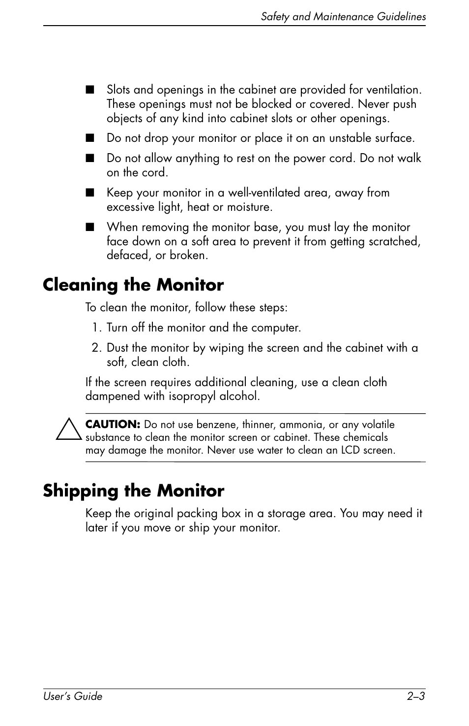 Cleaning the monitor, Shipping the monitor, Cleaning the monitor –3 shipping the monitor –3 | HP Pavilion f1904 19 inch LCD Monitor User Manual | Page 9 / 46