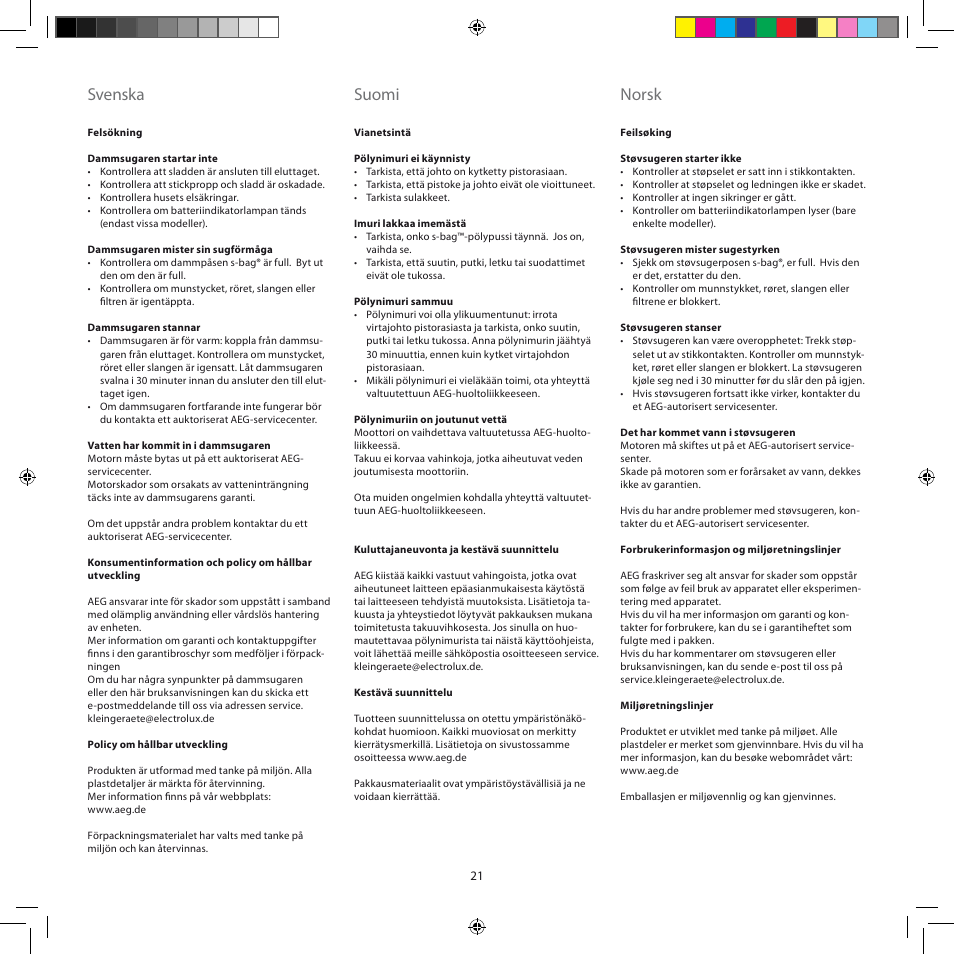 Svenska, Suomi, Norsk | AEG AJM6840 User Manual | Page 21 / 56