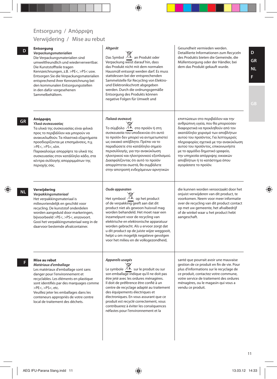 Entsorgung, Απόρριψη, Verwijdering | Mise au rebut | AEG DB5130CO User Manual | Page 11 / 20
