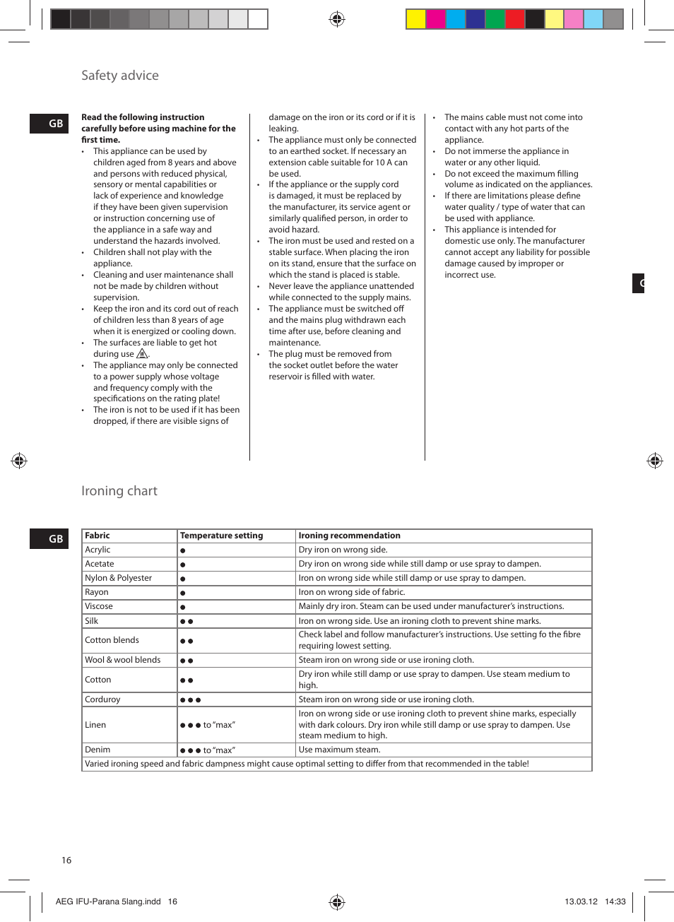 Safety advice, Ironing chart | AEG DB5130CO User Manual | Page 16 / 20