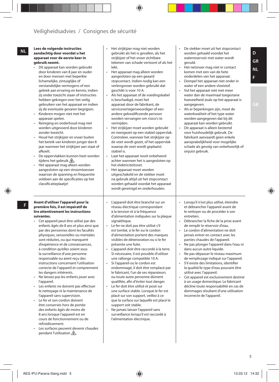 Veiligheidsadvies, Consignes de sécurité | AEG DB5130CO User Manual | Page 5 / 20