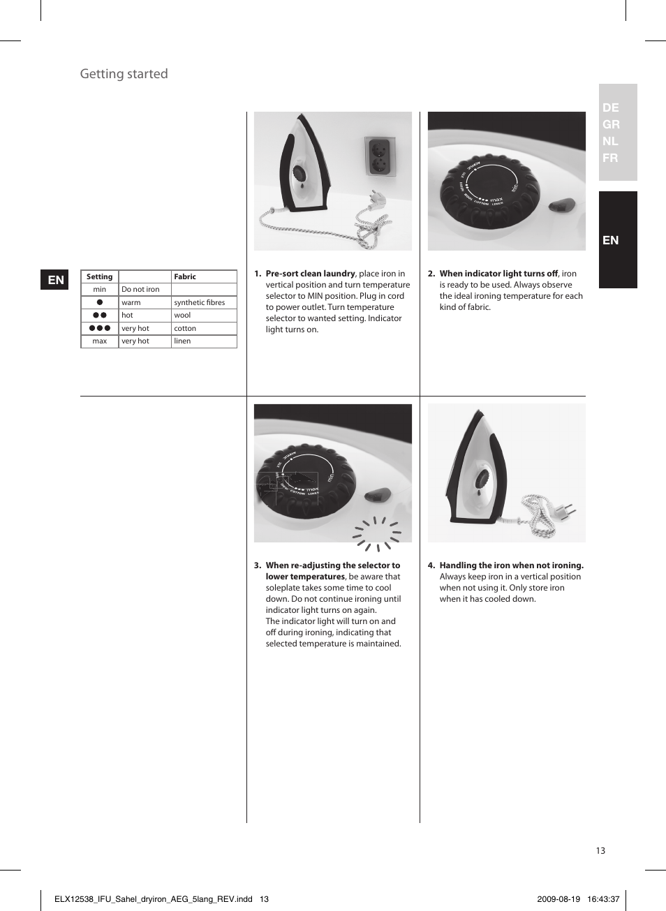 Getting started, De gr nl fr en en | AEG LB1203-1 User Manual | Page 13 / 24