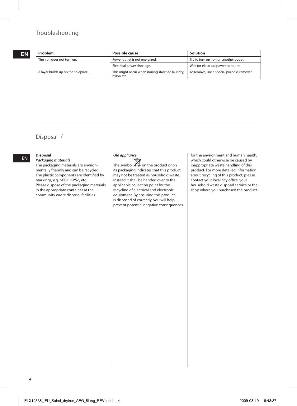 Ddeutschland, Garantiebedingungen für raumpflege-/kleingeräte, Disposal | Troubleshooting | AEG LB1203-1 User Manual | Page 14 / 24