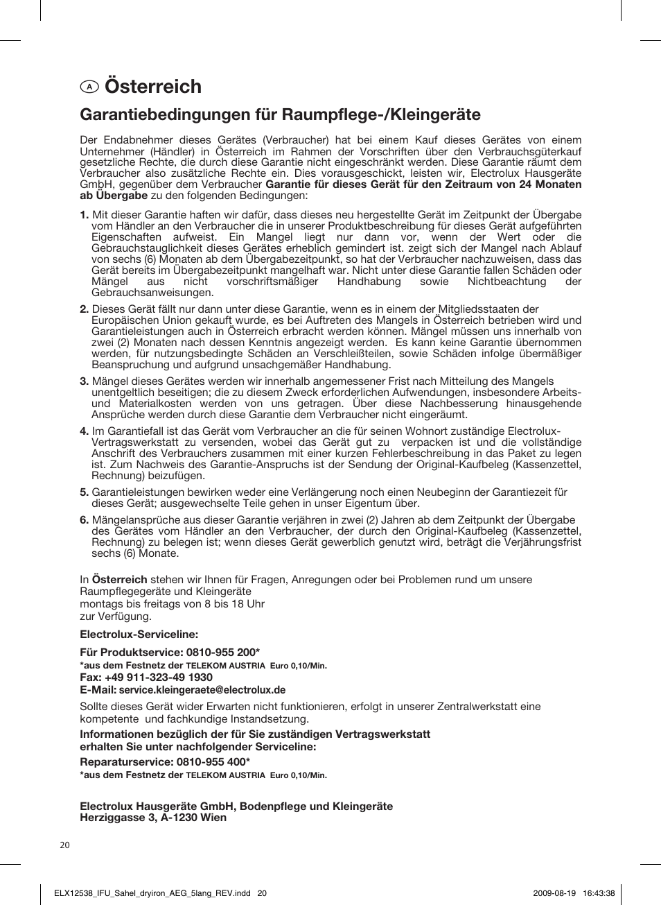 Aösterreich, Bbelgië / belgique, Garantiebedingungen für raumpflege-/kleingeräte | België waarborgvoorwaarden | AEG LB1203-1 User Manual | Page 20 / 24