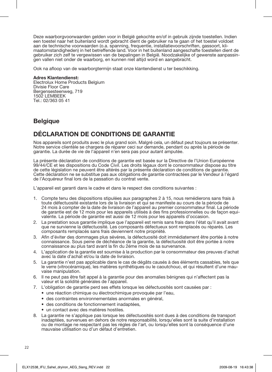 Republika slovenija, Garancijska izjava, Belgique déclaration de conditions de garantie | AEG LB1203-1 User Manual | Page 22 / 24