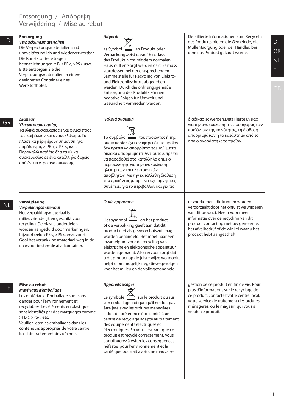 Entsorgung, Απόρριψη, Verwijdering | Mise au rebut | AEG KF7500 User Manual | Page 11 / 20