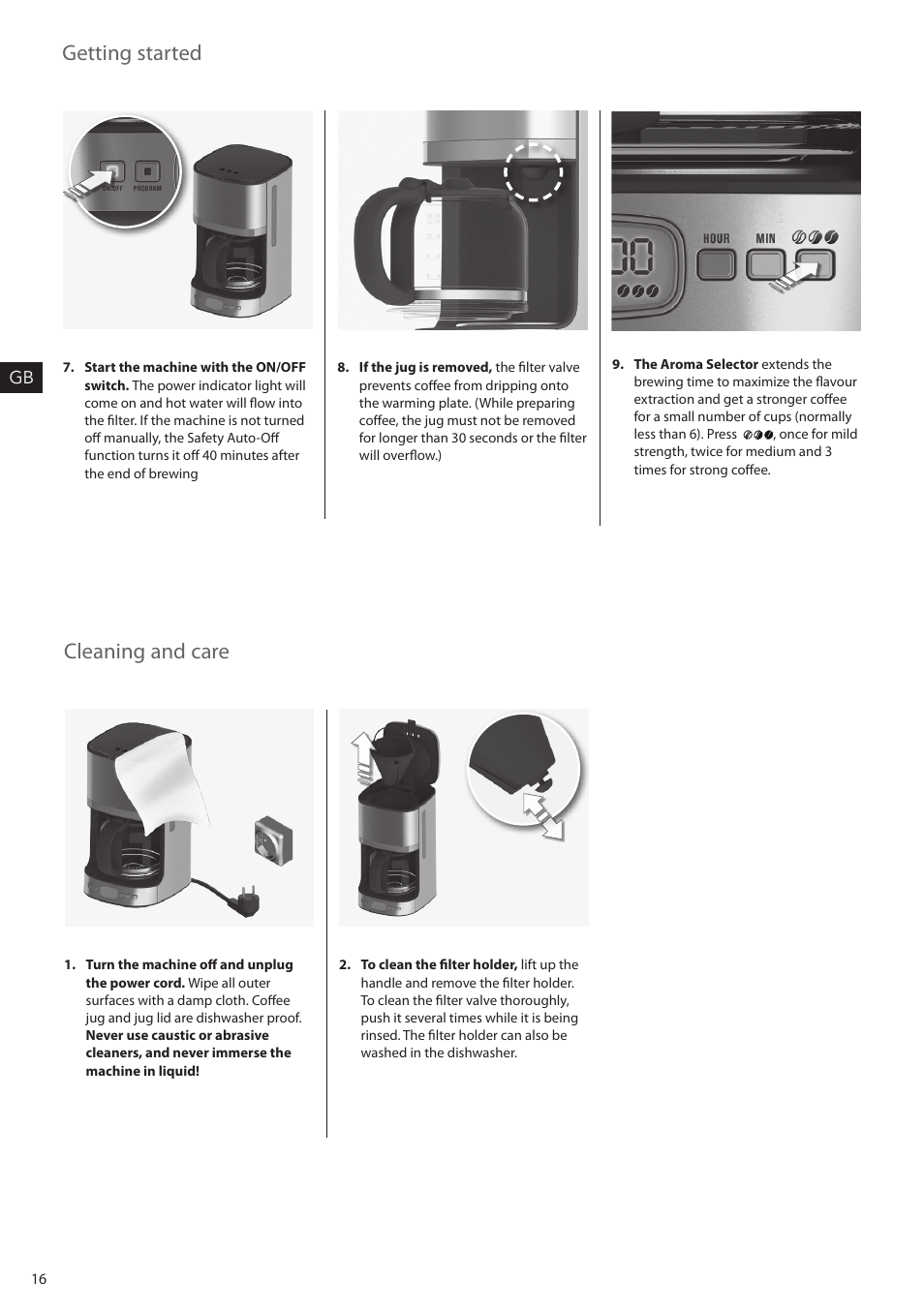 Getting started, Cleaning and care | AEG KF7500 User Manual | Page 16 / 20