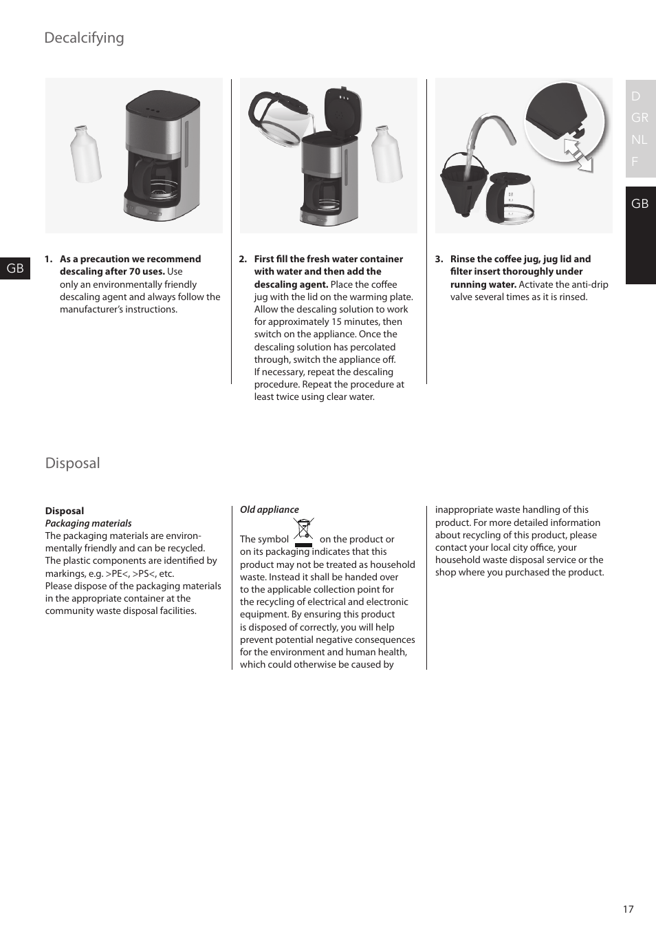 Decalcifying, Disposal | AEG KF7500 User Manual | Page 17 / 20