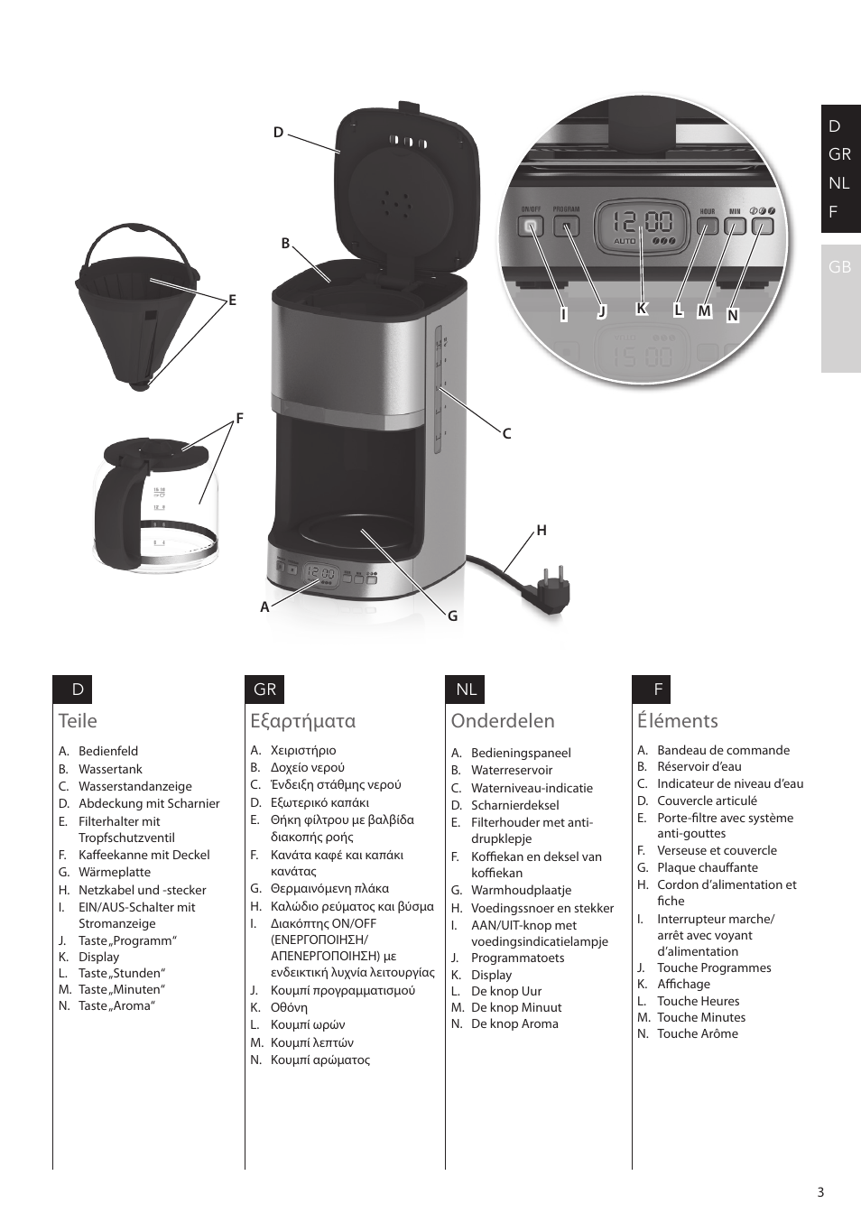 Teile, Εξαρτήματα onderdelen, Éléments | AEG KF7500 User Manual | Page 3 / 20