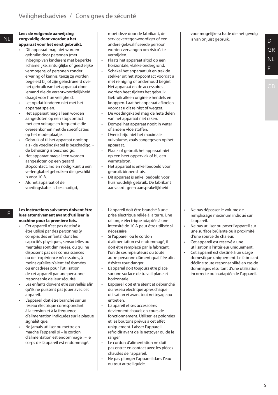 Veiligheidsadvies, Consignes de sécurité, D gr nl f gb | Nl f | AEG KF7500 User Manual | Page 5 / 20