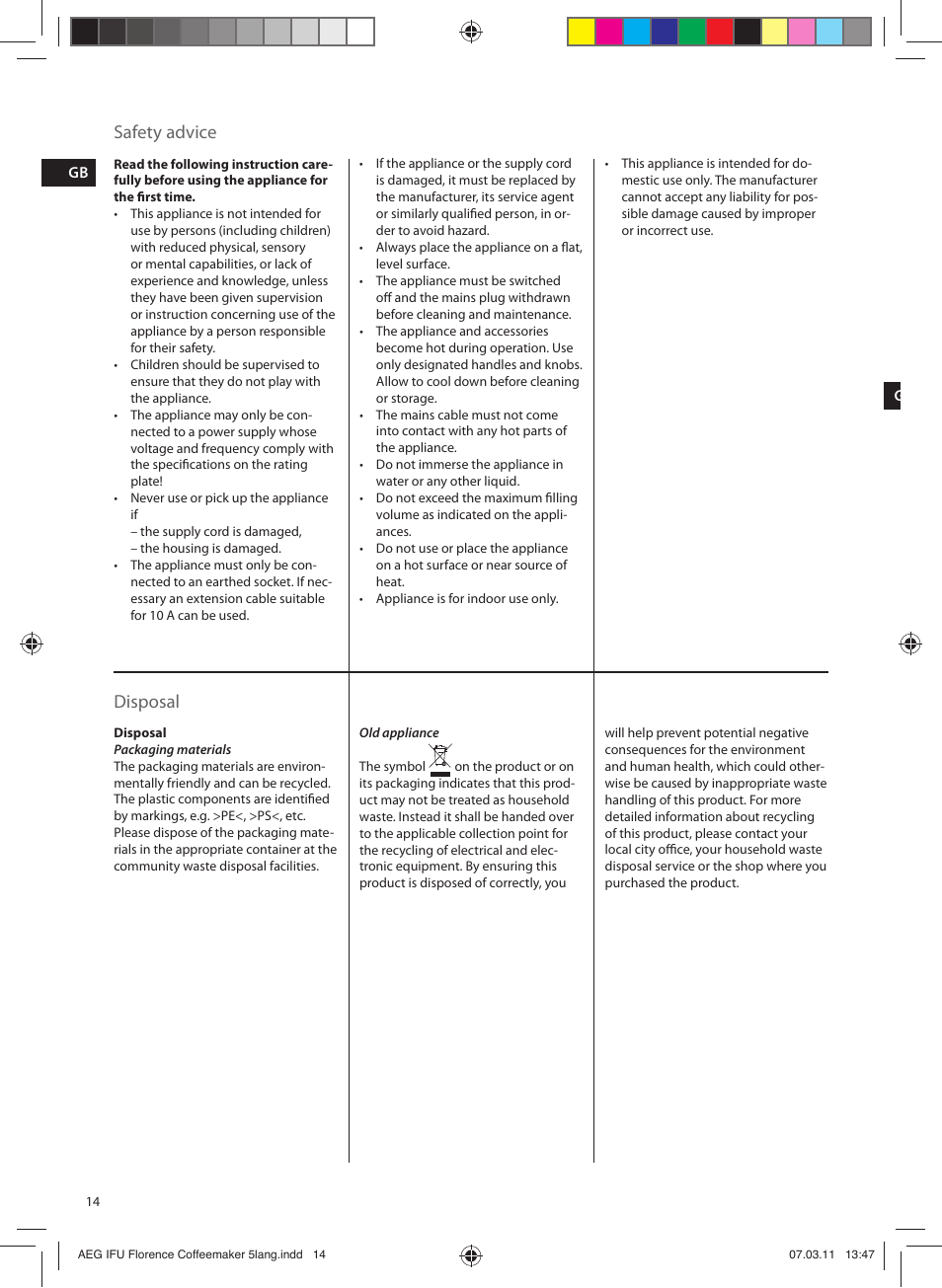 Safety advice, Disposal | AEG KF5265 User Manual | Page 14 / 20