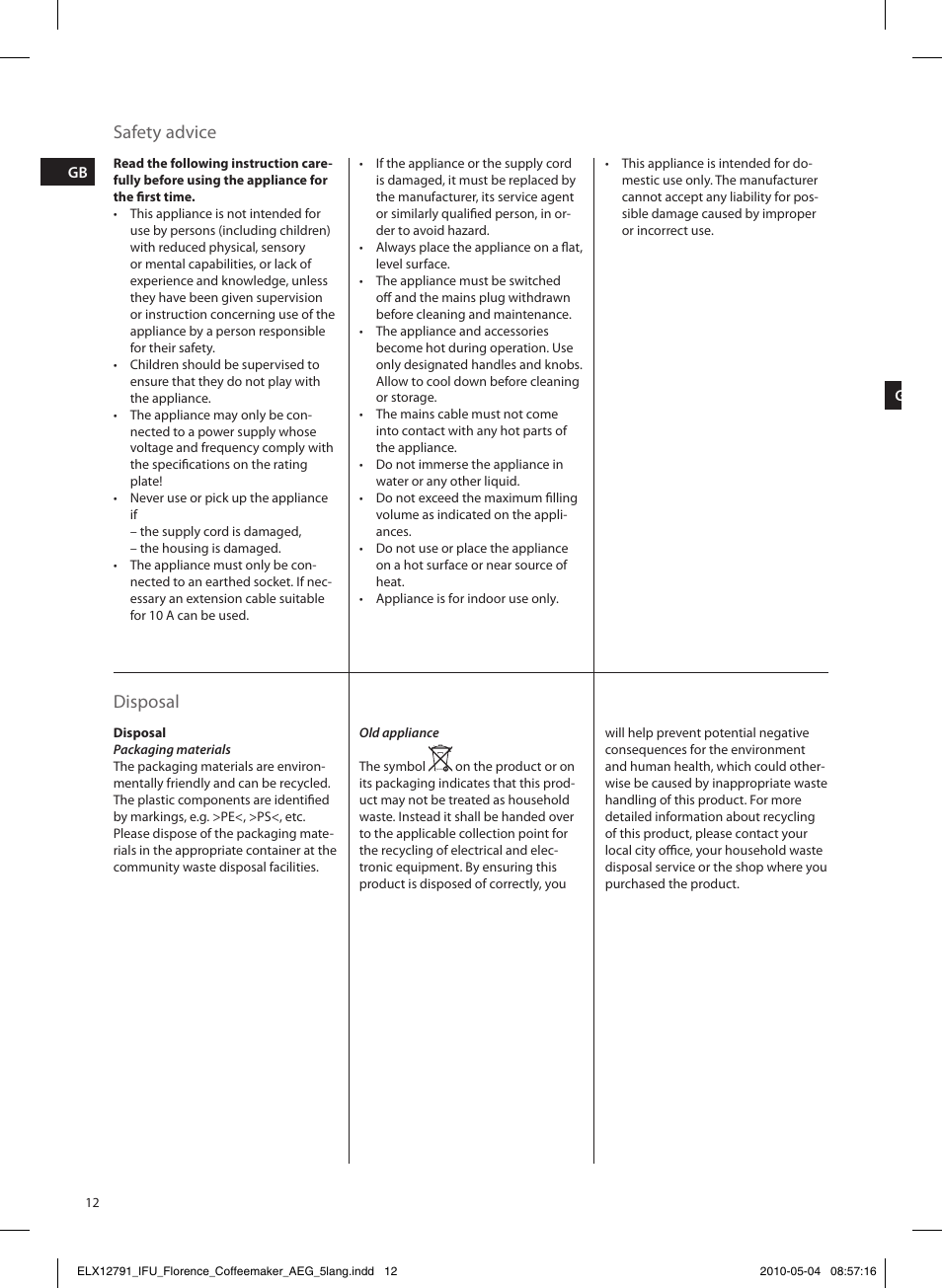 Safety advice, Disposal | AEG KF5210 User Manual | Page 12 / 16