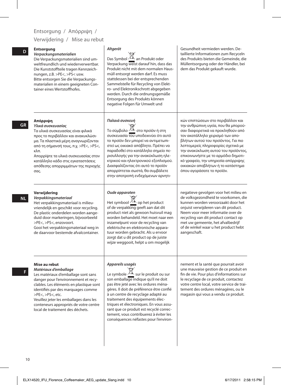 Entsorgung / mise au rebut verwijdering / απόρριψη | AEG KF5110 User Manual | Page 10 / 16