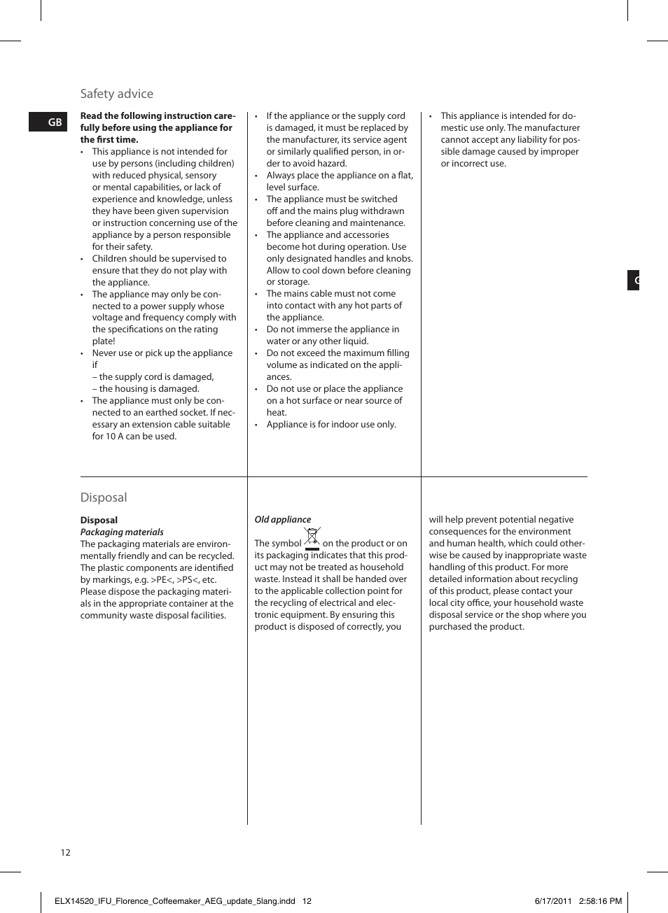 Safety advice, Disposal | AEG KF5110 User Manual | Page 12 / 16