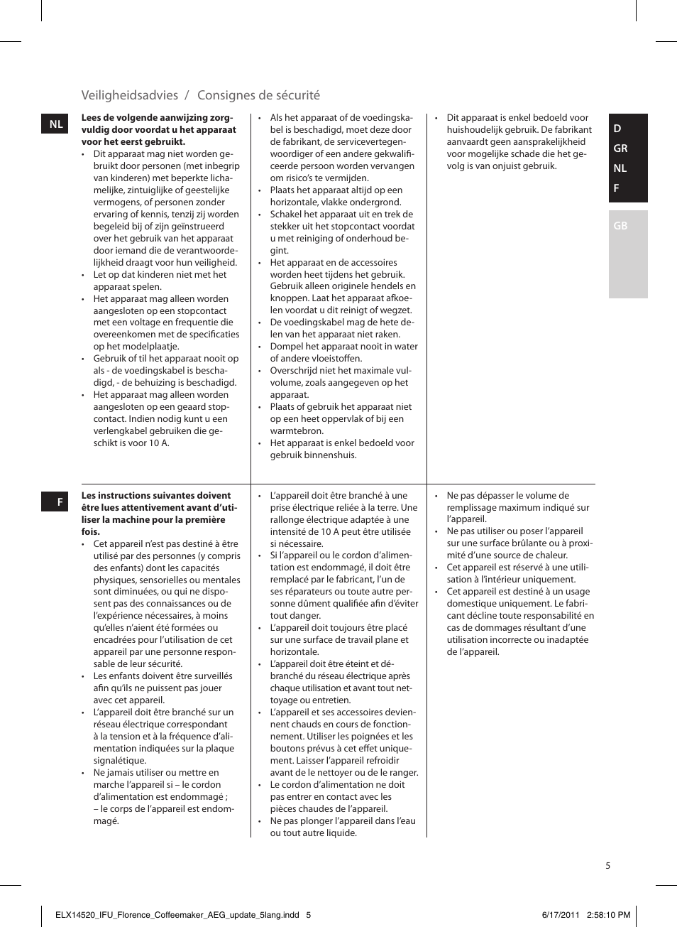 Veiligheidsadvies, Consignes de sécurité | AEG KF5110 User Manual | Page 5 / 16