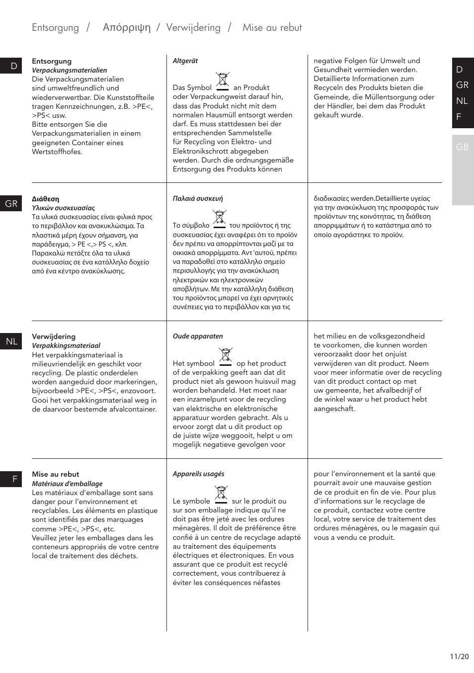 Entsorgung, Απόρριψη, Verwijdering | Mise au rebut | AEG EWA7500 User Manual | Page 11 / 20