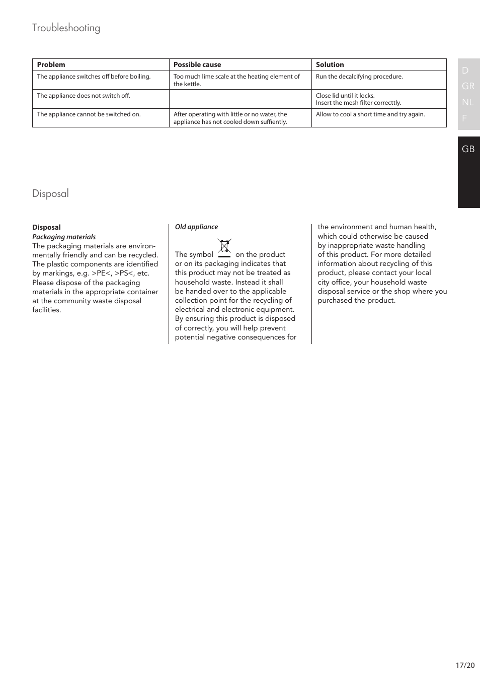 Disposal, Troubleshooting | AEG EWA7500 User Manual | Page 17 / 20