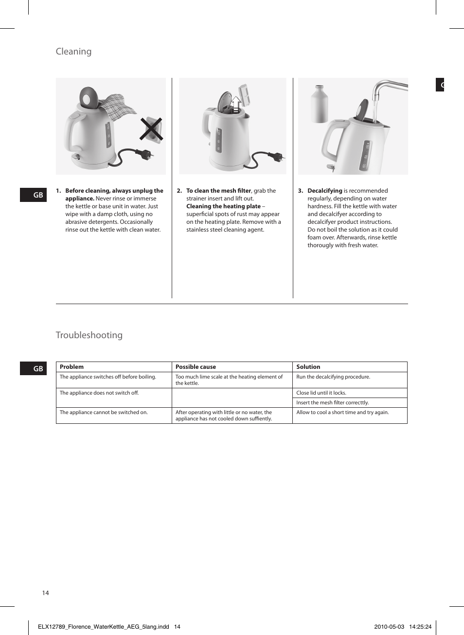 Cleaning troubleshooting | AEG EWA5210 User Manual | Page 14 / 16