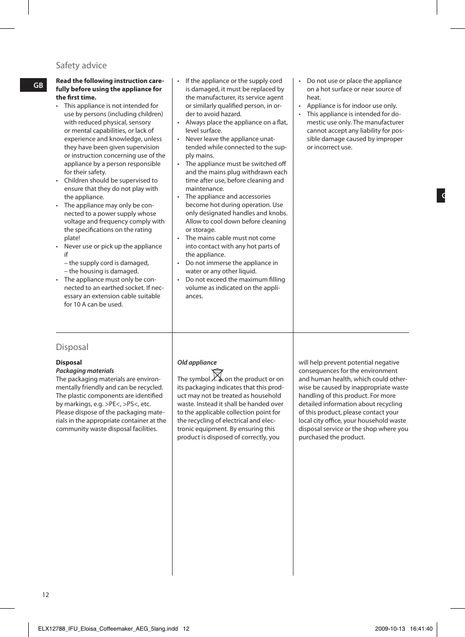 Safety advice, Disposal | AEG KF3110 User Manual | Page 12 / 24