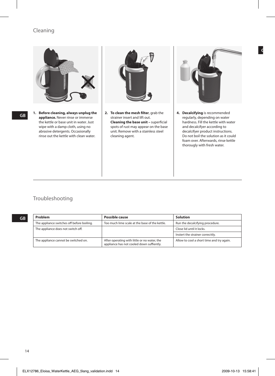 Cleaning troubleshooting | AEG EWA3110 User Manual | Page 14 / 28