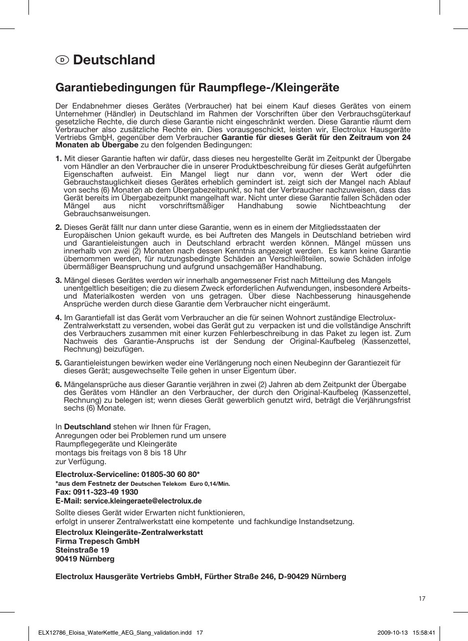 Ddeutschland, Garantiebedingungen für raumpflege-/kleingeräte | AEG EWA3110 User Manual | Page 17 / 28